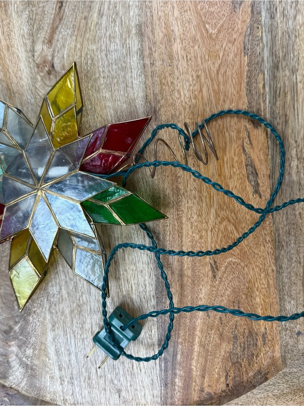 Vintage Stained Glass Lighted Christmas Tree Topper Star Multicolor Holiday